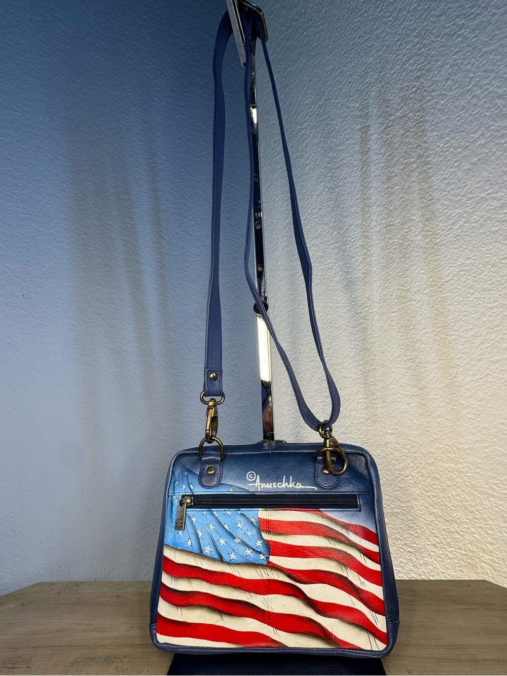 Anuschka Hand-Painted Leather Eagle American Flag RFID Organizer Crossbody